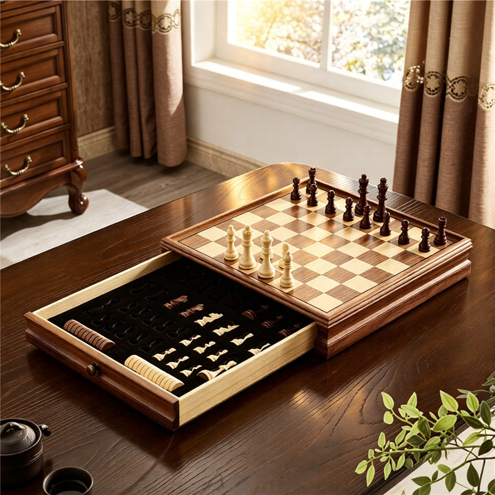 Wooden Chess and Checkers Set with Drawer Storage | Classic Board Game Set