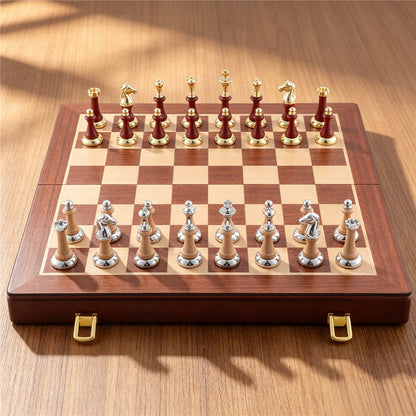 Luxury Rosewood Folding Chess Set with Metal Chess Pieces