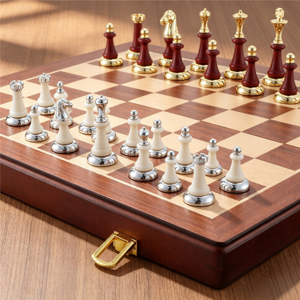 Luxury Rosewood Folding Chess Set with Metal Chess Pieces