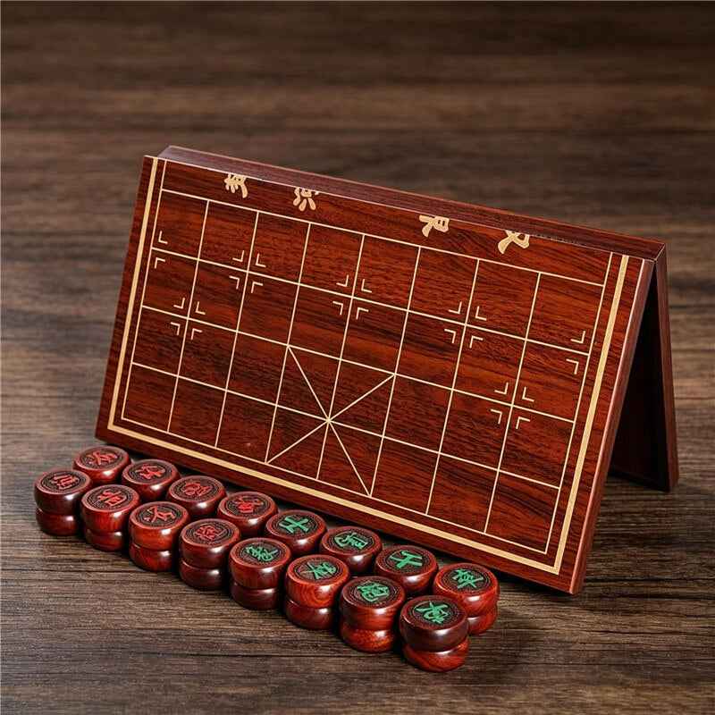 Ebony Wood Chinese Chess Set with Folding Wooden Board
