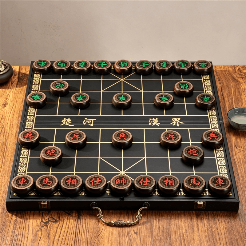 High-End Wooden Xiangqi (Chinese Chess) Set with Foldable Embossed Gold Board