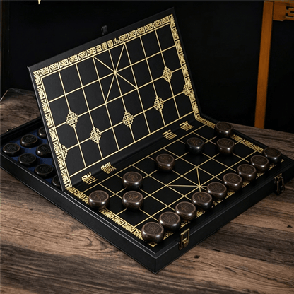 High-End Wooden Xiangqi (Chinese Chess) Set with Foldable Embossed Gold Board