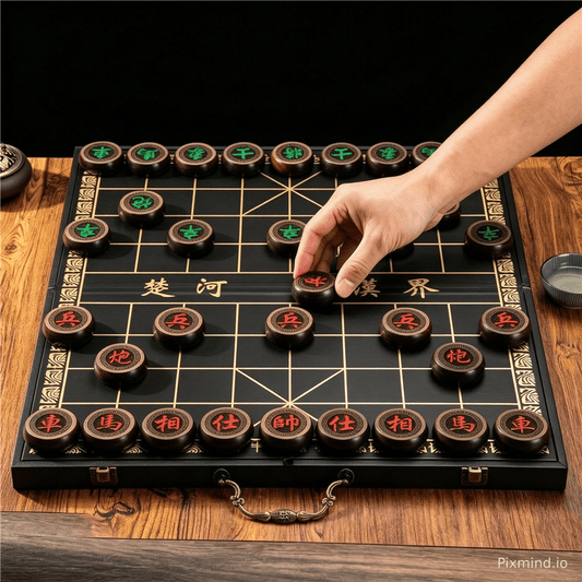 High-End Wooden Xiangqi (Chinese Chess) Set with Foldable Embossed Gold Board