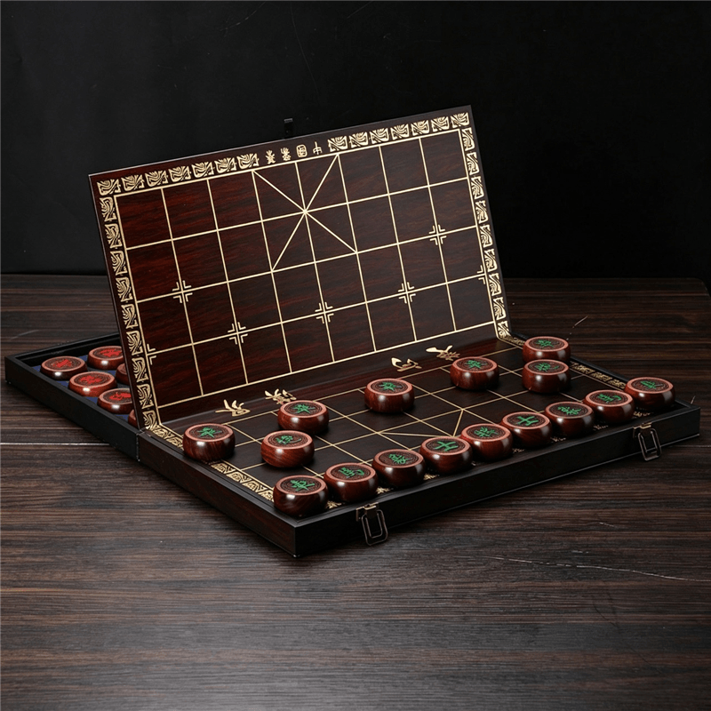 High-End Wooden Xiangqi (Chinese Chess) Set with Foldable Embossed Gold Board