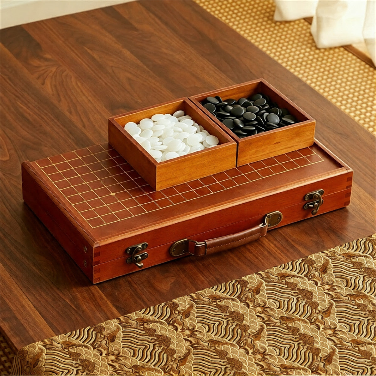 Solid Wood Go Set — Foldable Board & Table with Faux-Jade Stones
