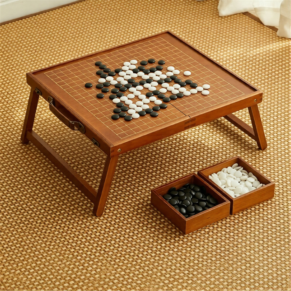 Solid Wood Go Set — Foldable Board & Table with Faux-Jade Stones