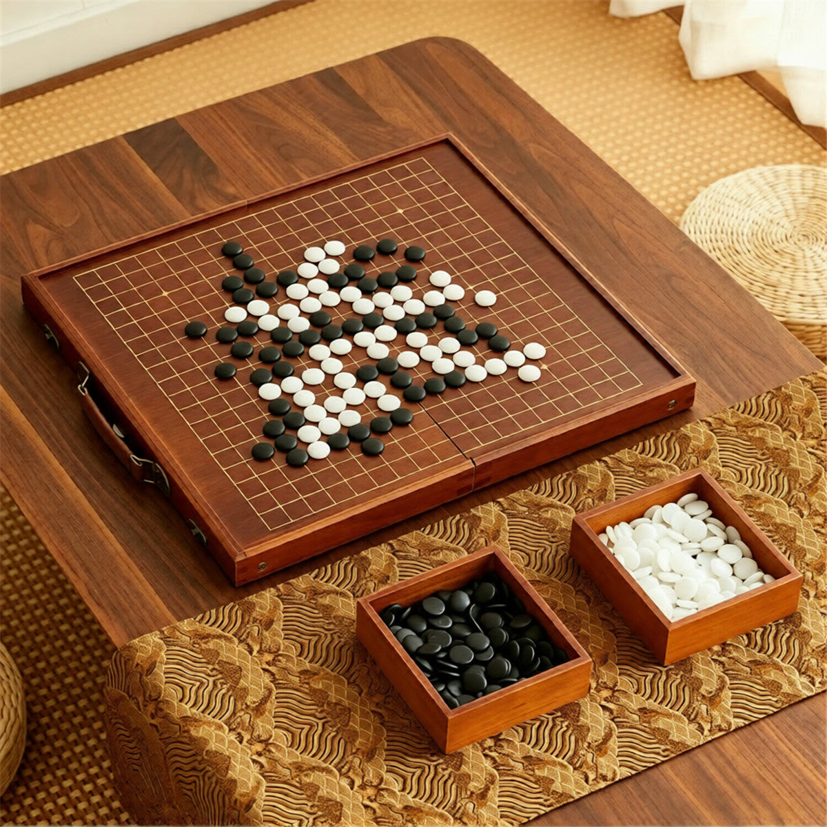 Solid Wood Go Set — Foldable Board & Table with Faux-Jade Stones