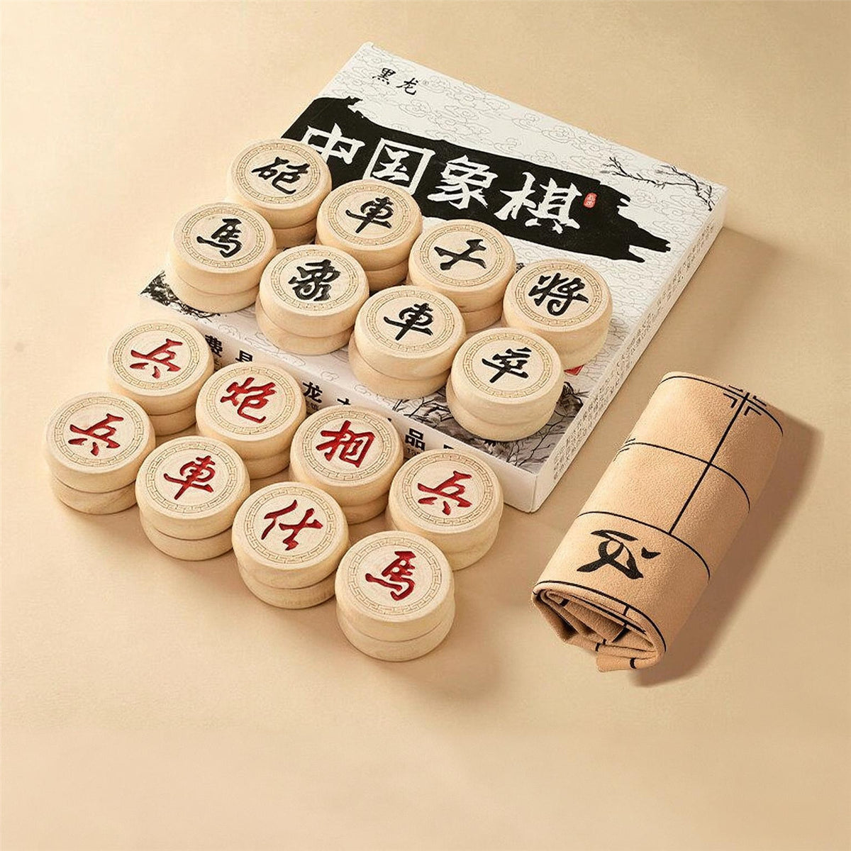 Chinesisches Schach (Xiangqi) Reiseset | Spielbrett aus Birkenholz & Leder