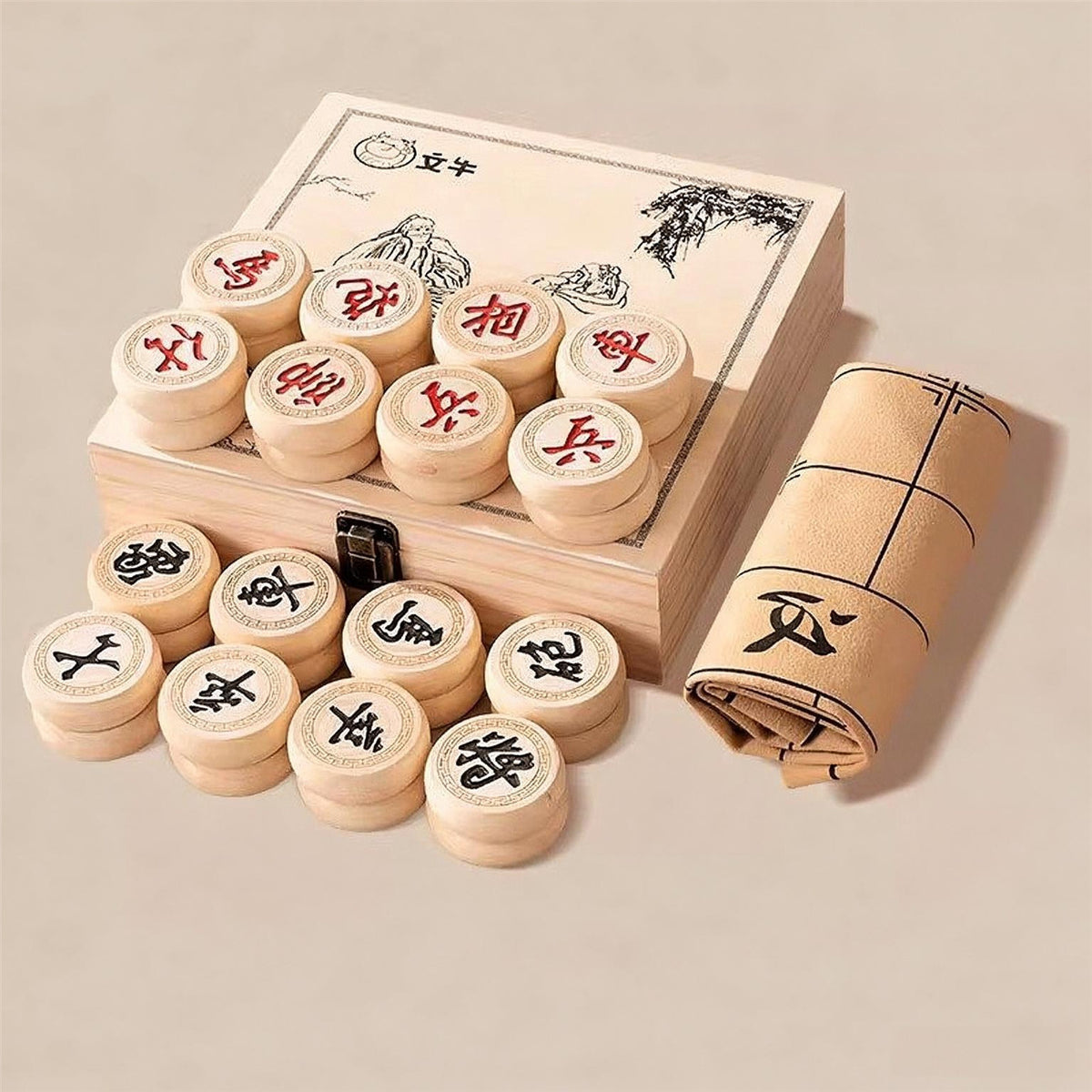 Chinesisches Schach (Xiangqi) Reiseset | Spielbrett aus Birkenholz & Leder