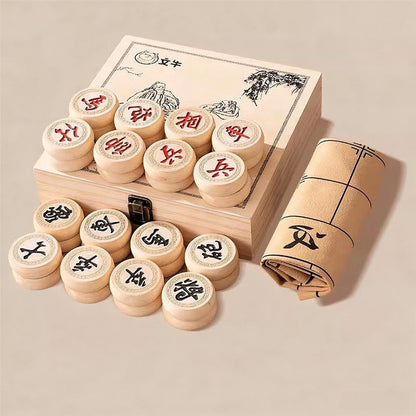 Chinesisches Schach (Xiangqi) Reiseset | Spielbrett aus Birkenholz & Leder