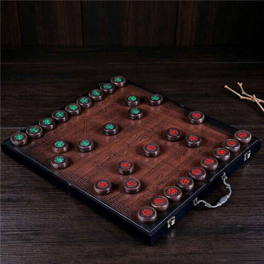 Ebony Wood Chinese Chess (Xiangqi) Set with Folding Board & Hand-Carved Pieces