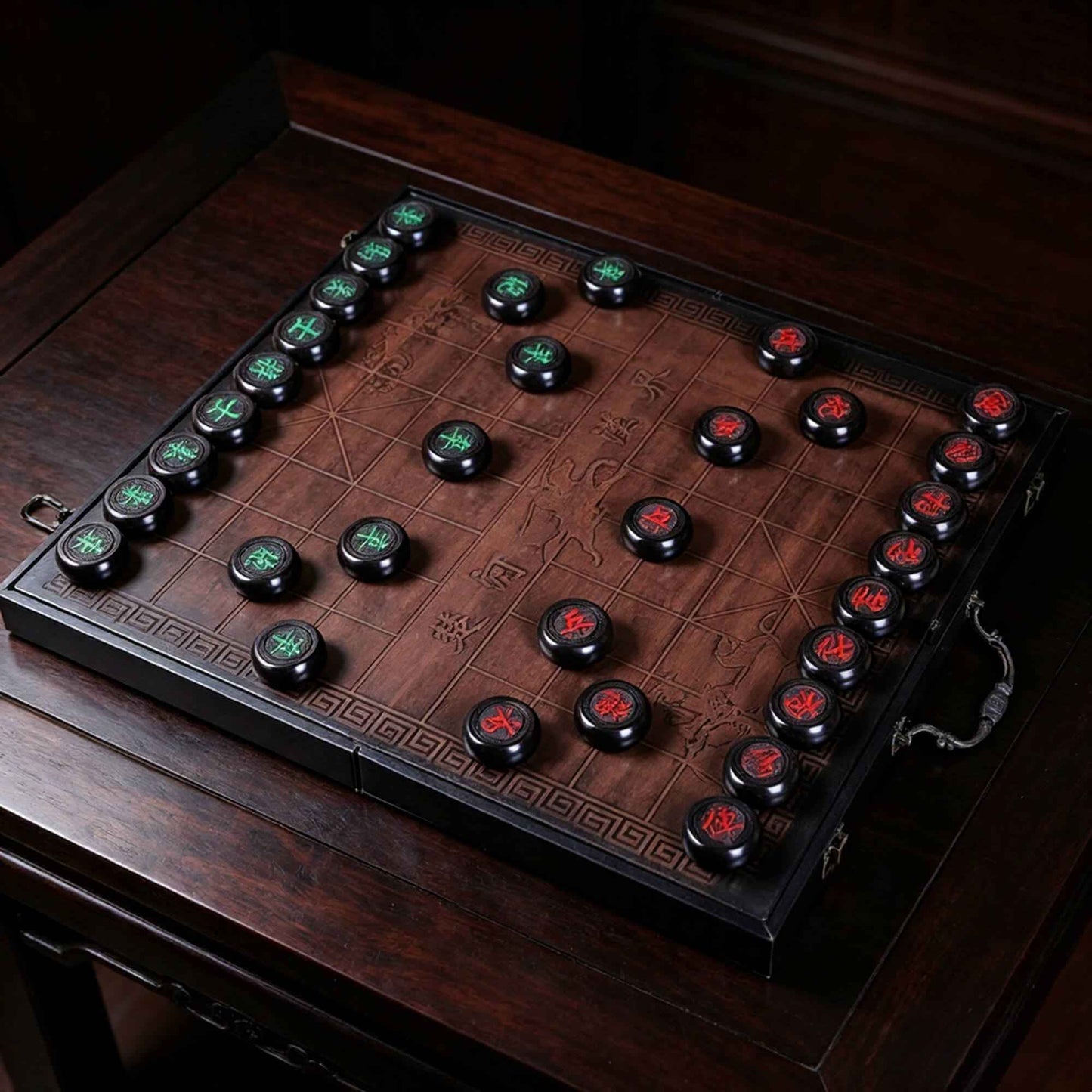 Ebony Wood Chinese Chess (Xiangqi) Set with Folding Board & Hand-Carved Pieces