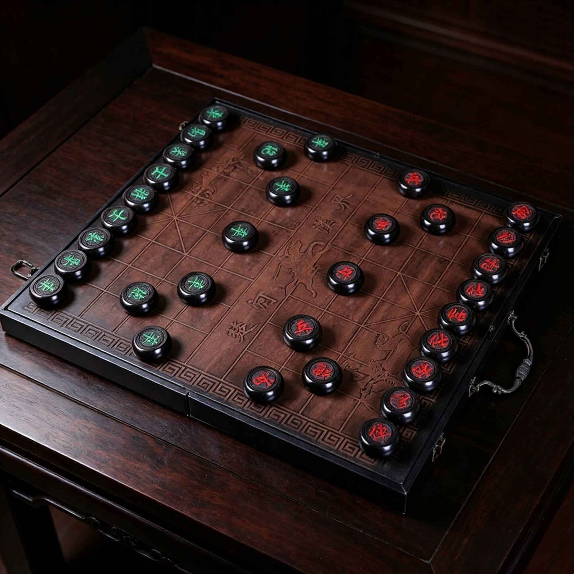 Ebony Wood Chinese Chess (Xiangqi) Set with Folding Board & Hand-Carved Pieces