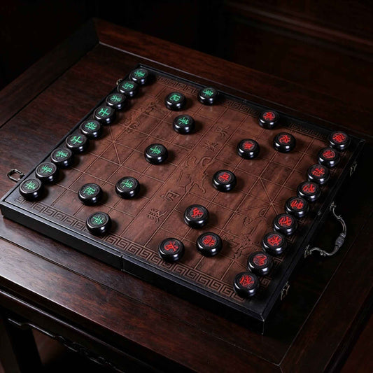 Ebony Wood Chinese Chess (Xiangqi) Set with Folding Board & Hand-Carved Pieces