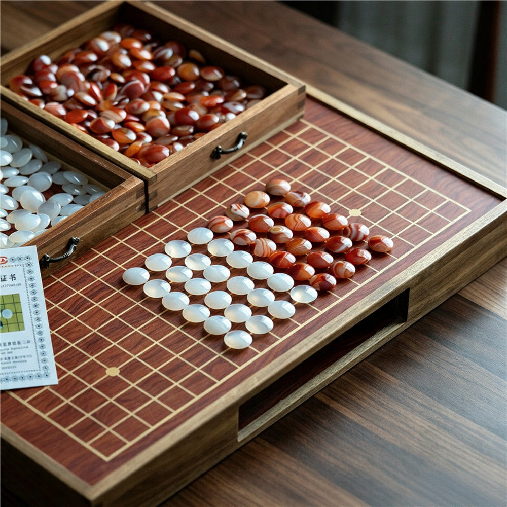 Premium Natural Agate Go Board Set | Solid Wood Board (Drawers)