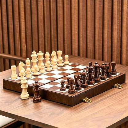 Premium Travel Chess Set with Weighted Wooden Pieces & Leather Board
