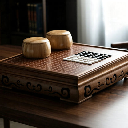 Solid Wood Go Board Set with Natural Agate Stones | Double-Drawer Weiqi Set