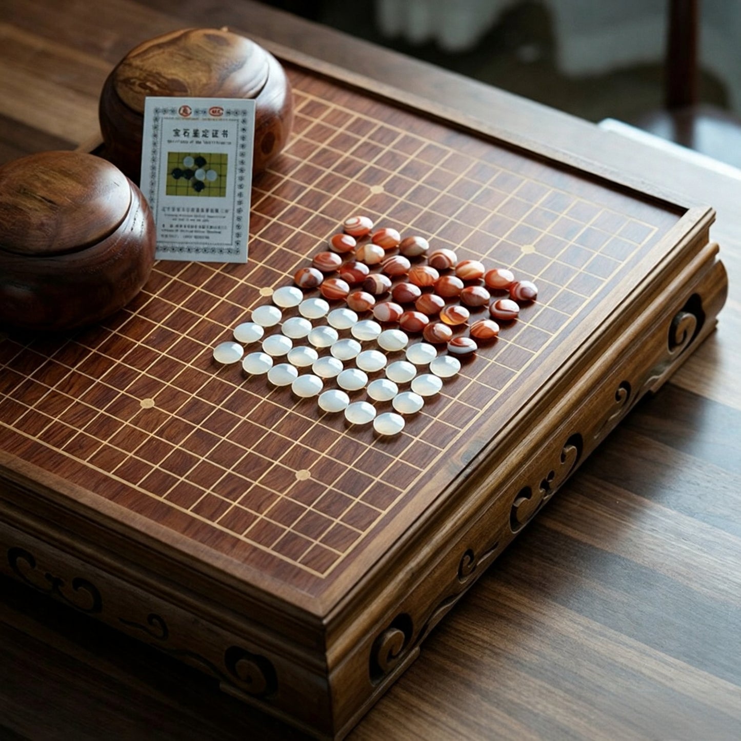 Solid Wood Go Board Set with Natural Agate Stones | Double-Drawer Weiqi Set