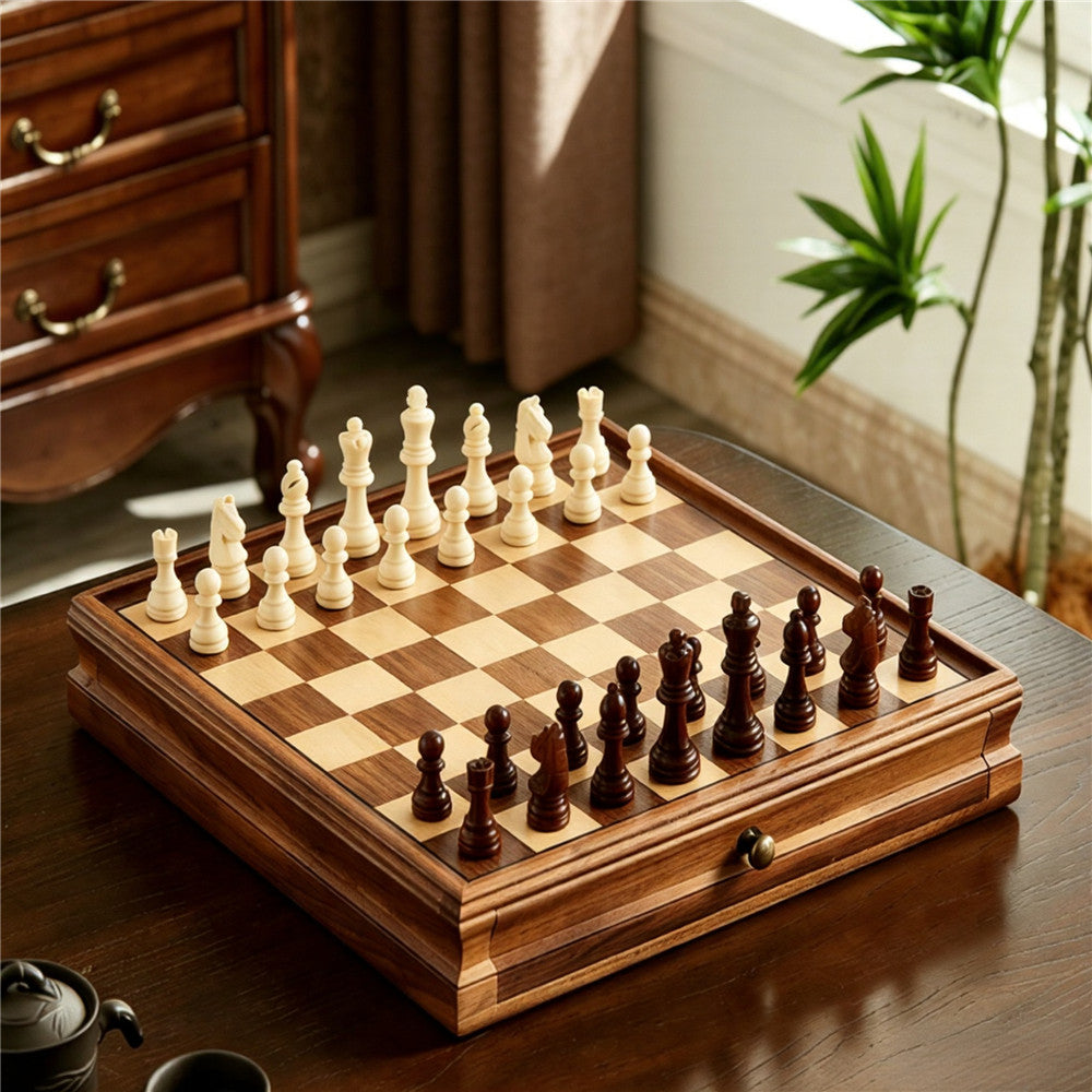 Wooden Chess and Checkers Set with Drawer Storage | Classic Board Game Set