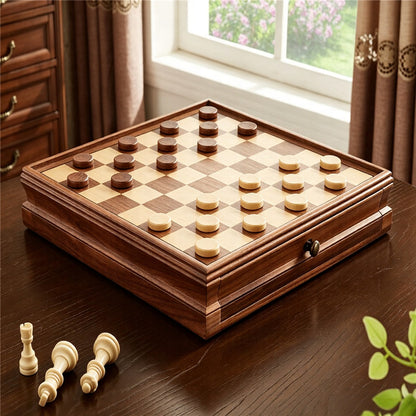 Wooden Chess and Checkers Set with Drawer Storage | Classic Board Game Set