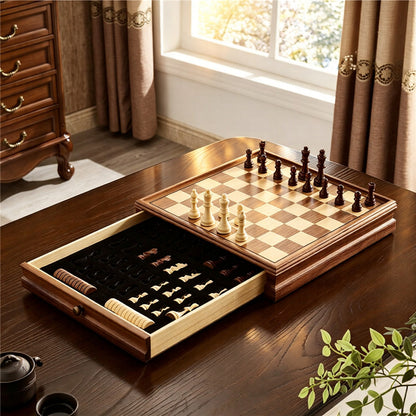 Wooden Chess and Checkers Set with Drawer Storage | Classic Board Game Set